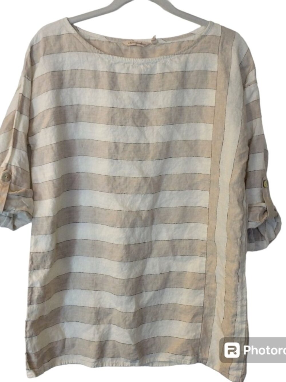 Women's Soft Surroundings White & Beige Lilliana Blouse - 100% Linen - Sz Small